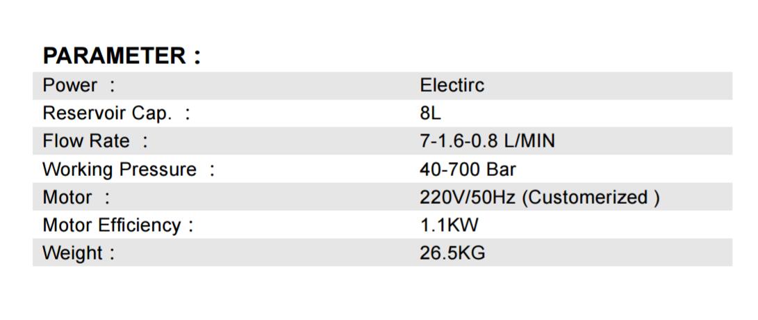 Parameter of ELECTRIC TORQUE WRENCH PUMP